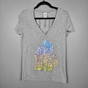 PINK‎ Victoria Secret Womens M V Neck Michigan Sequin Graphic Gray Tee Shirt